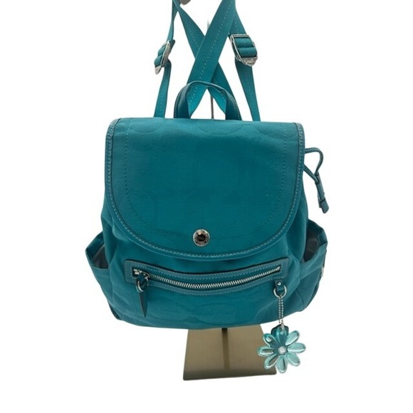 Y2K Coach Kyra Daisy Backpack Purse Teal Signature Jacquard Convertible Bag - Picture 1 of 5